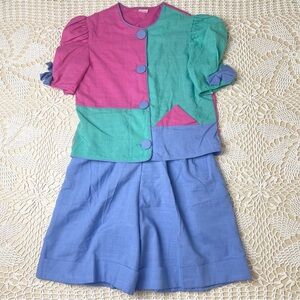 Vintage 1980s Bryan Girls 12 Colorblock Blouse High Waist Shorts Outfit